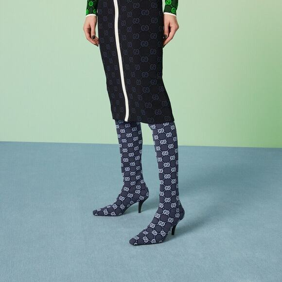 Gucci Knee High Boots 37/ US 7 GG Supreme Blue Knit Socks Pull On NIB - Picture 2 of 13